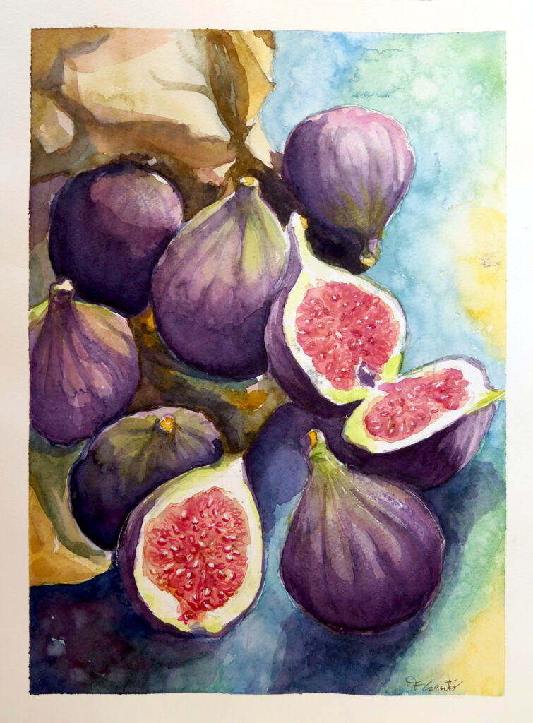 Natura morta con fichi - 2019, Acquarello su carta, 28 x 38 [Collezione privata]