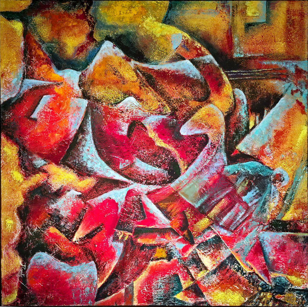 Nucleo primordiale – 2026, Tecnica mista su pannello, 100 x 100
