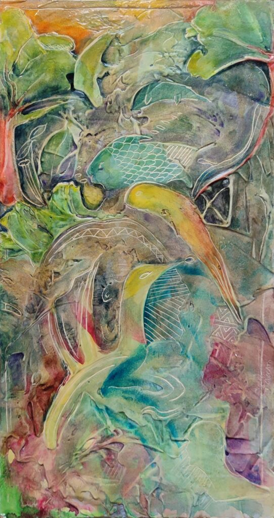 Sogno tropicale - 2023, Tecnica mista su pannello, 25 x 46